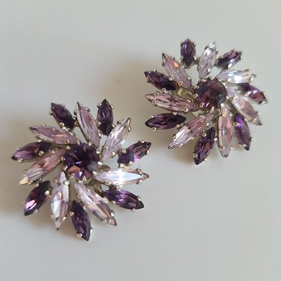Sherman Swarovski amethyst purple circle brooch pin clip on earrings set Navette - Picture 4 of 16